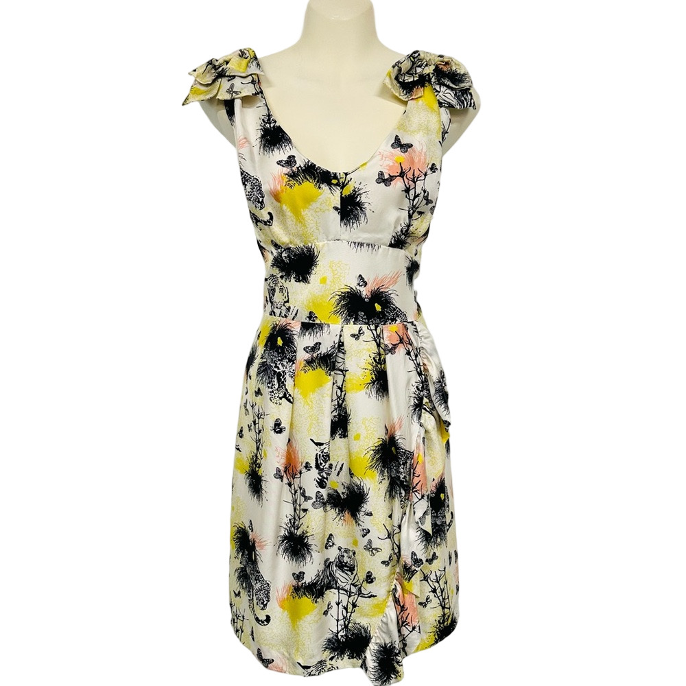 Sandra Angelozzi silk dress Size 12 retro tiger butterfly ruffle sleeveless